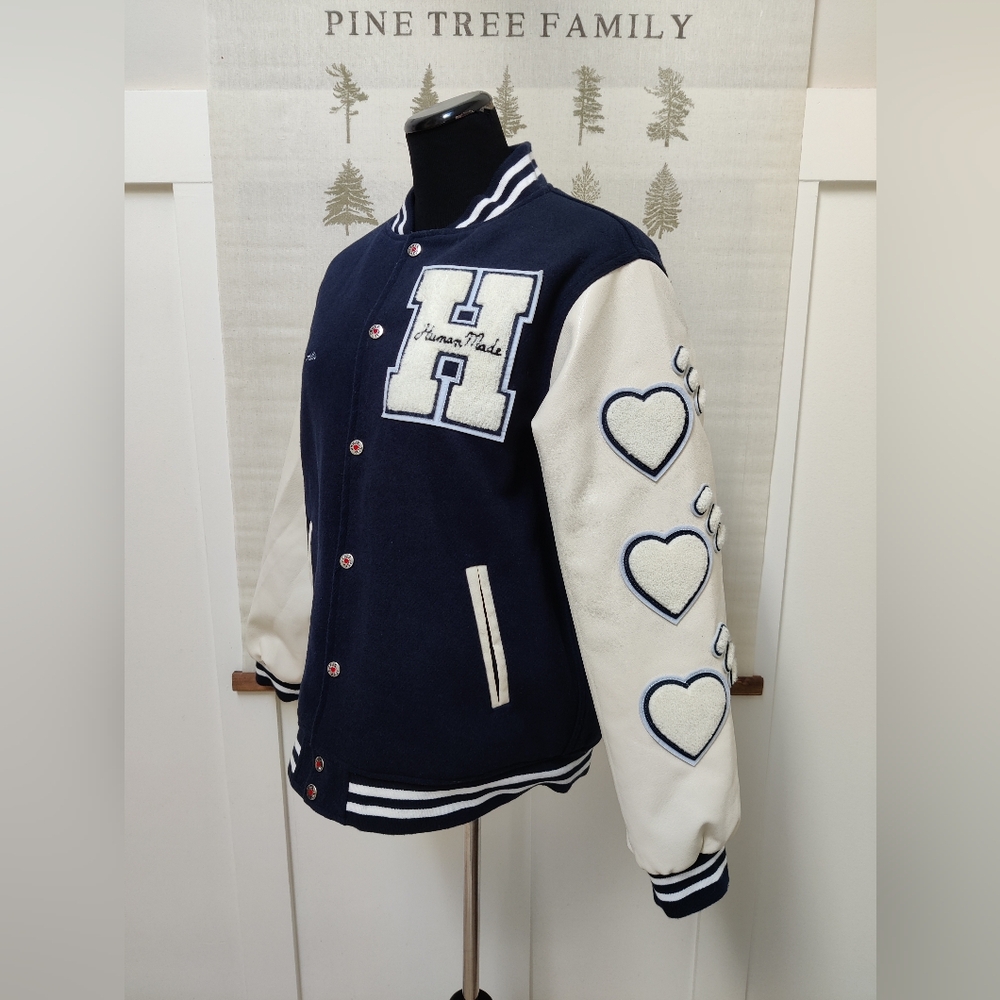 Human Made Dry Alls Varsity Jacket Navy Wool Leather Size L - Picture 2 of 12